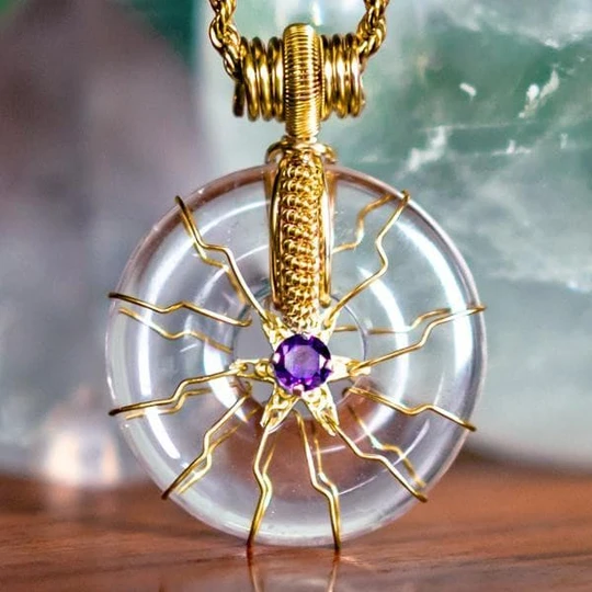 FLOWER OF LIFE - Clear Quartz w/Amethyst in Gold