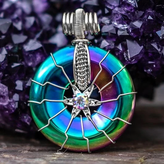 FLOWER of Life-Rainbow Hematite silver with white topaz