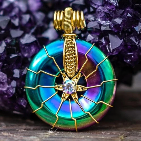 FLOWER OF LIFE - Rainbow Hematite w/ White Topaz in Gold